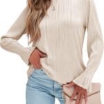 Women's Long Sleeve Blouses Dressy Casual Crewneck Shirts Fashion Loose Fit Textured Tops Fall Winter Basic Tee