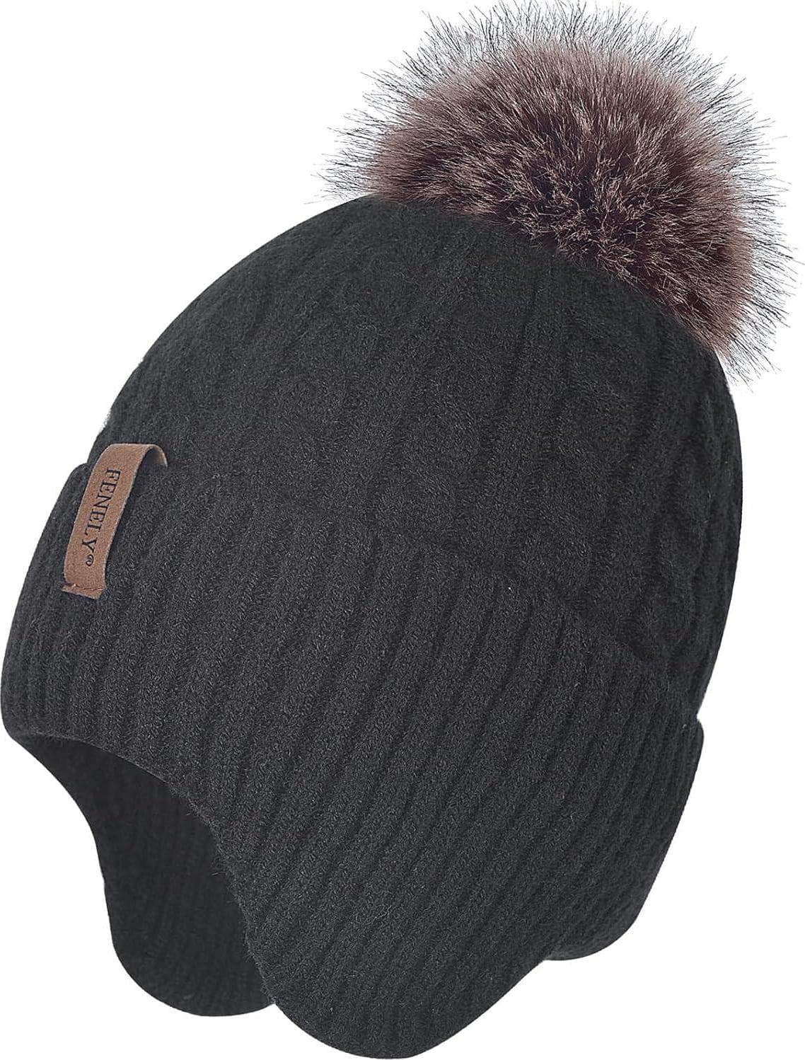 FENELY Women’s Knitted Warm Beanie Winter Hat, Cashmere Inner Layer, Warm Chunky Snow Hat with Pompom