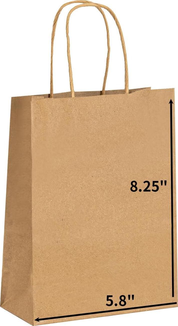 METAPRINT 100 Pack 5.8×3.2×8.25 Inch Small Brown Paper Bags with Handles Bulk, Paper Gift Bags, Kraft Bags for Birthday Party Favors Grocery Retail Shopping Business Goody Craft Bags