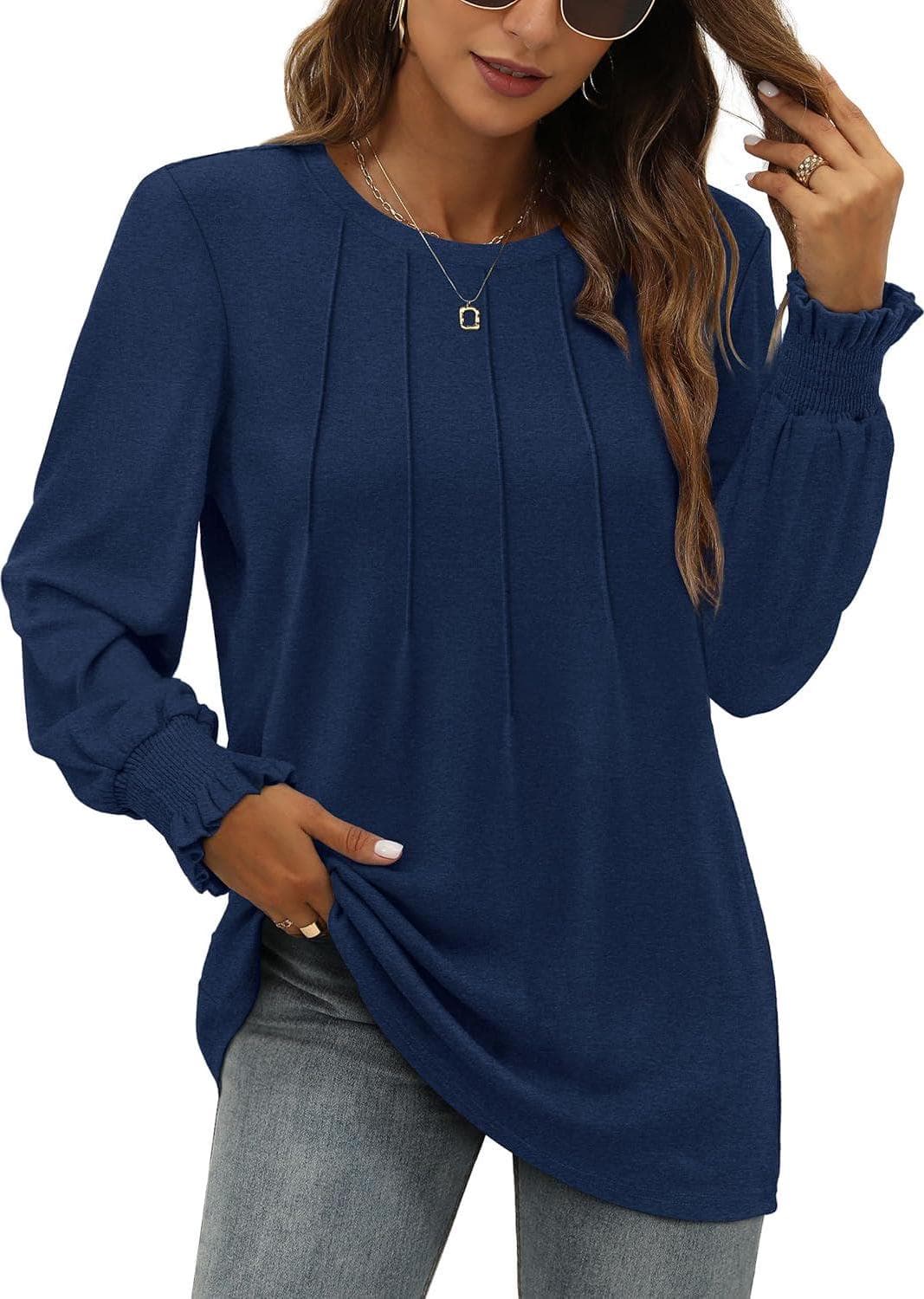 OFEEFAN Women’s Tunic Tops Ruffle Sleeve Shirts Pleated Front Blouses Fall Travel Outfits S-3XL