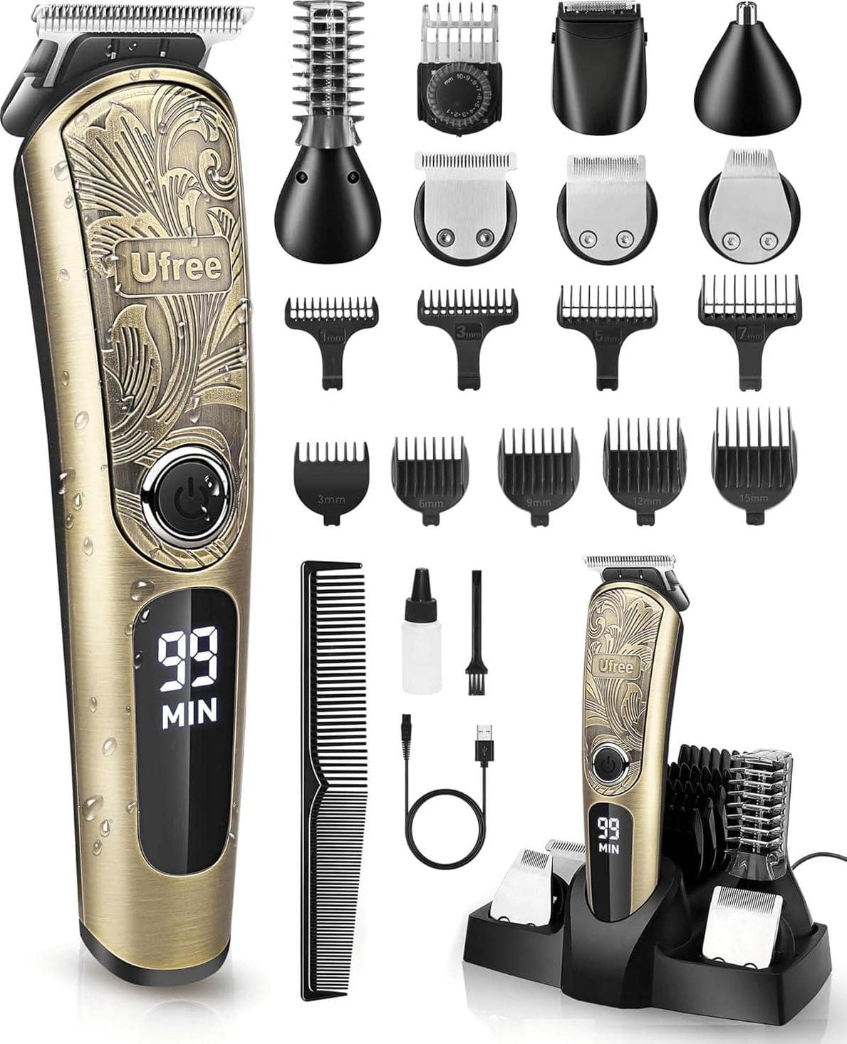 Ufree Gifts for Men, Beard Trimmer for Men with Charging Stand, IPX7 Waterproof Electric Razor Shavers for Men, Clippers for Hair Cutting, Mens Grooming Kit for Mustache Nose Facial Body