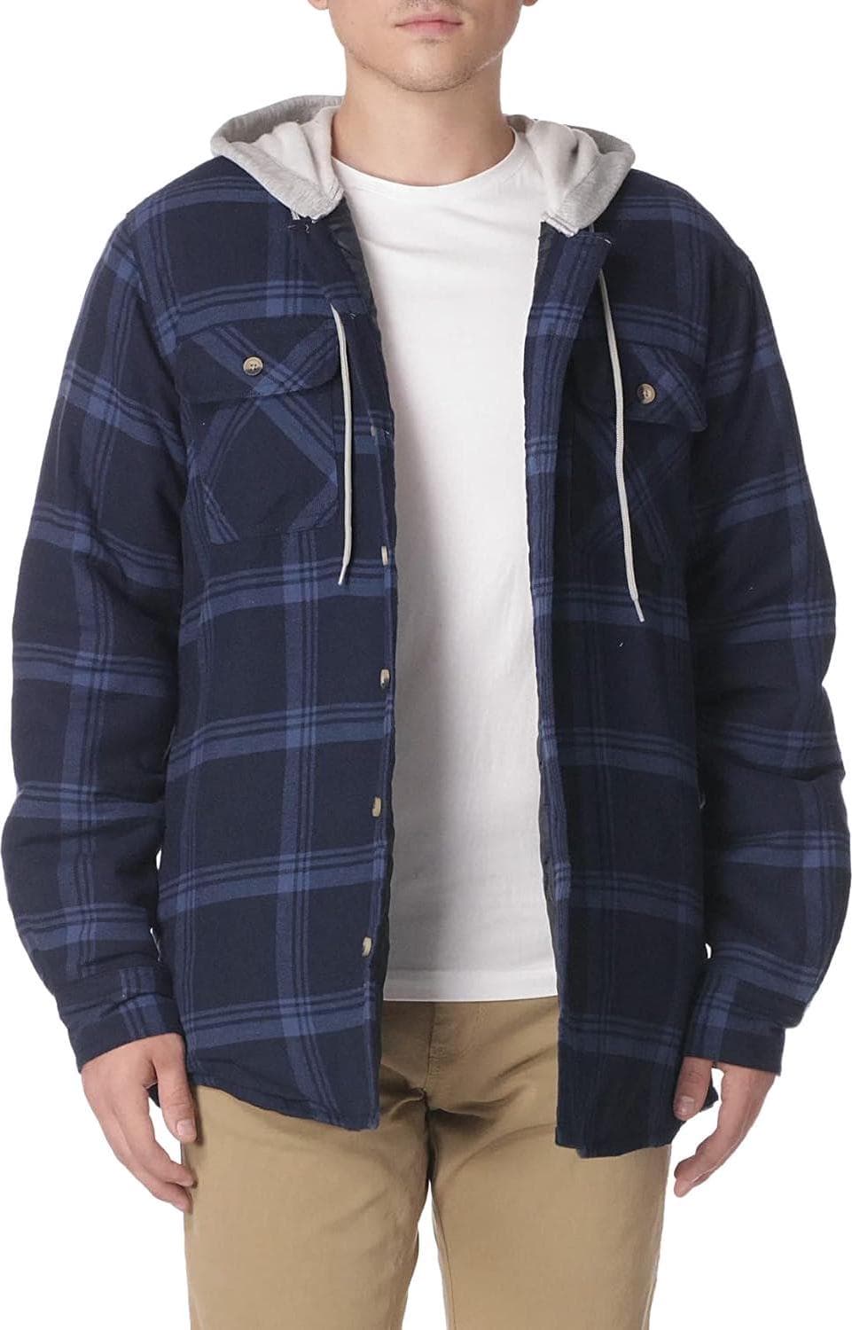 Wrangler Authentics Men’s Long Sleeve Quilted Lined Flannel Shirt Jacket with Hood