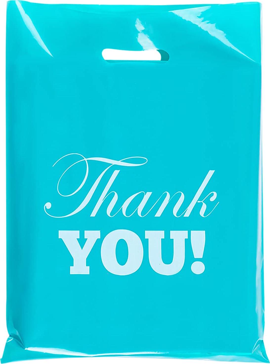 Elephant-package 50Pcs Thank You Shopping Bags for Small Business, Plastic Merchandise Bags with Die Cut Handles, for Goodie Bags, Retail, Party, Store (Small 8 x12  Turquoise)