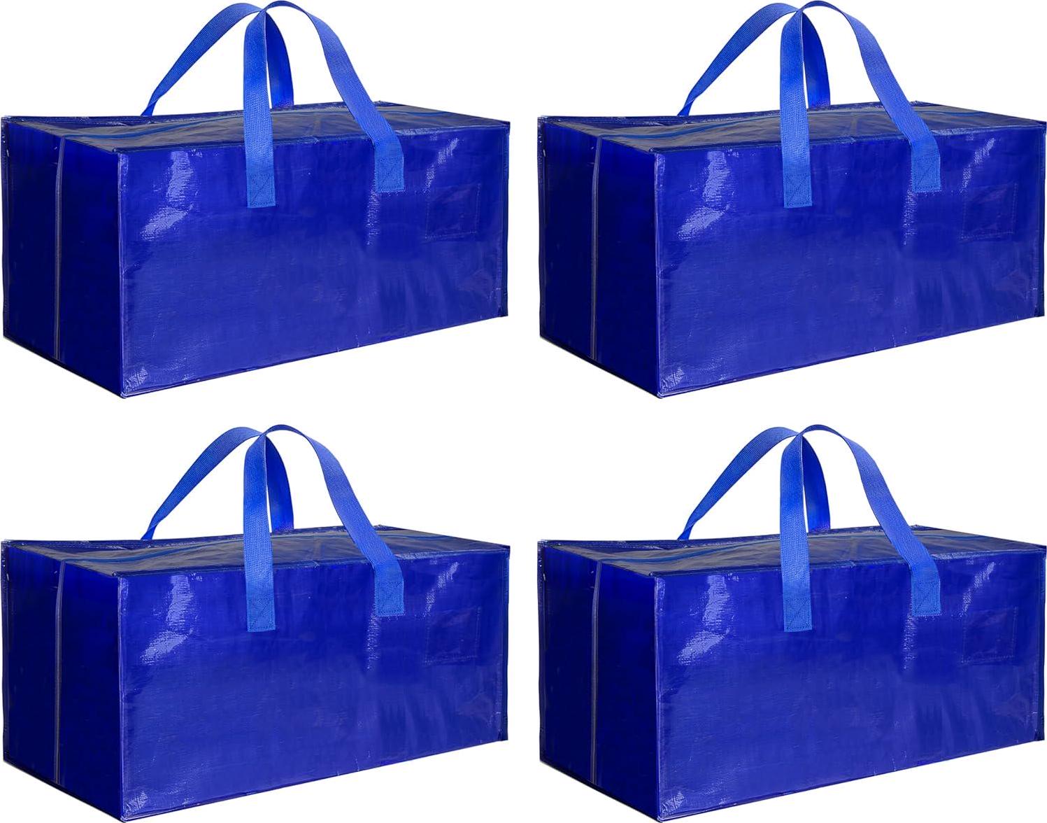HealSmart 4 Pack Extra Large Moving Bags with Zippers and Carrying Handles, Heavy-Duty Storage Tote Moving Boxes for Dorm Room Essentials Storage Bags, Blue