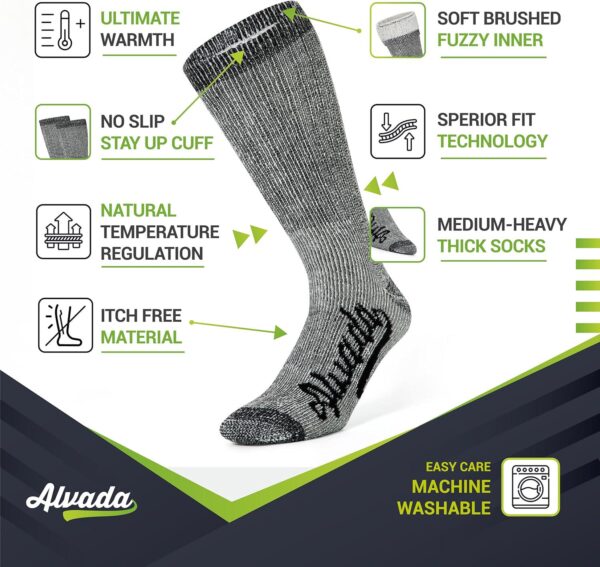 Alvada Merino Wool Hiking Socks Thermal Warm Crew Winter Boot Sock For Men and Women 3 Pairs - Image 2