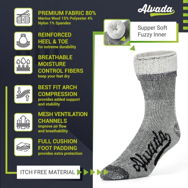 Alvada Merino Wool Hiking Socks Thermal Warm Crew Winter Boot Sock For Men and Women 3 Pairs - Image 3