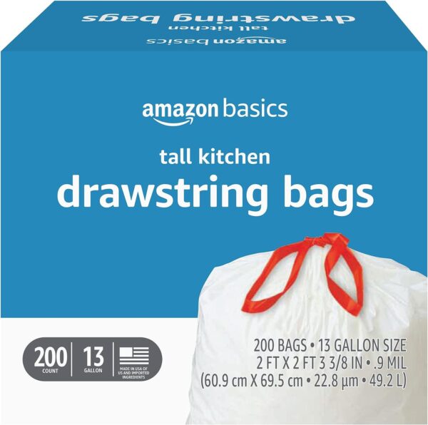 Amazon Basics Tall Kitchen Drawstring Trash Bags, 13 Gallon, 200 Count, Pack of 1