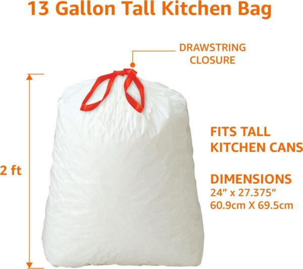 Amazon Basics Tall Kitchen Drawstring Trash Bags, 13 Gallon, 200 Count, Pack of 1 - Image 3