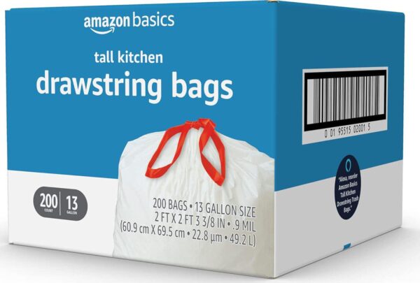 Amazon Basics Tall Kitchen Drawstring Trash Bags, 13 Gallon, 200 Count, Pack of 1 - Image 4