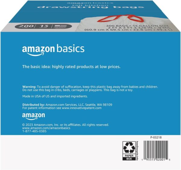 Amazon Basics Tall Kitchen Drawstring Trash Bags, 13 Gallon, 200 Count, Pack of 1 - Image 2