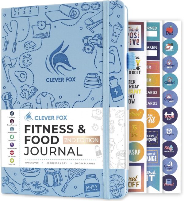 Clever Fox Fitness and Food Journal Nutrition and Workout Planner for Women and Men Diet and Gym Exercise Log Book with Calendars, Diet and Training Trackers - Undated, A5 Size, Hardcover (Light Blue)