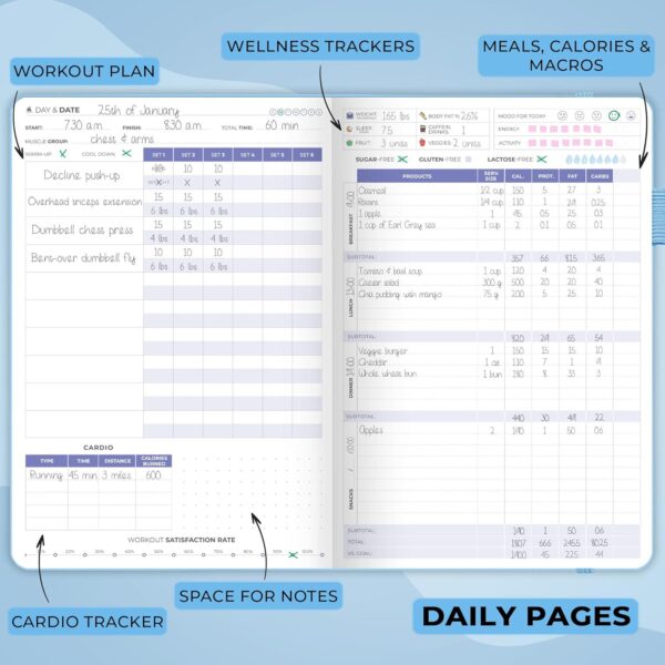 Clever Fox Fitness and Food Journal Nutrition and Workout Planner for Women and Men Diet and Gym Exercise Log Book with Calendars, Diet and Training Trackers - Undated, A5 Size, Hardcover (Light Blue) - Image 5