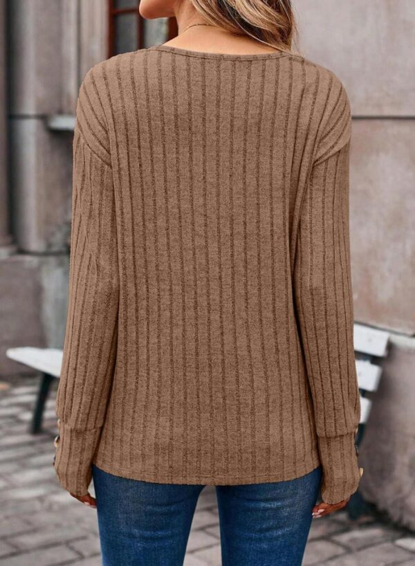 Dokotoo Womens Soft Long Sleeve V Neck Shirts Solid Casual Decorative Buttons Knitted Pullover Tunic Tops - Image 3