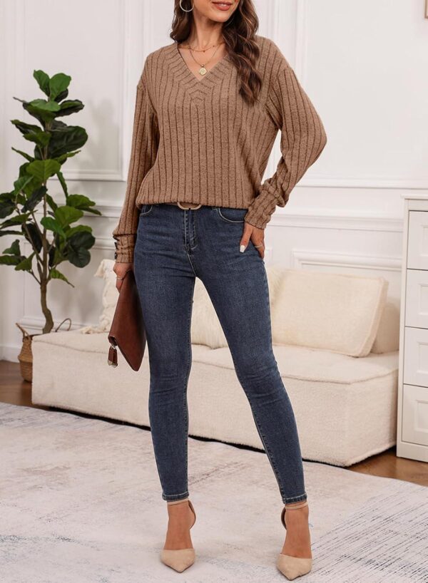 Dokotoo Womens Soft Long Sleeve V Neck Shirts Solid Casual Decorative Buttons Knitted Pullover Tunic Tops - Image 5