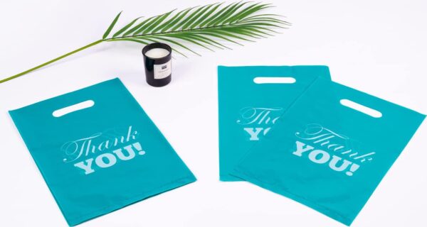 Elephant-package 50Pcs Thank You Shopping Bags for Small Business, Plastic Merchandise Bags with Die Cut Handles, for Goodie Bags, Retail, Party, Store (Small 8 x12  Turquoise) - Image 5