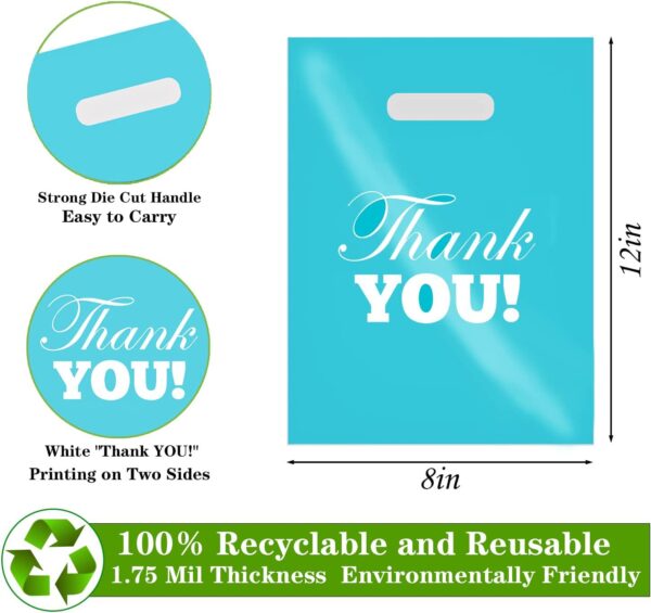 Elephant-package 50Pcs Thank You Shopping Bags for Small Business, Plastic Merchandise Bags with Die Cut Handles, for Goodie Bags, Retail, Party, Store (Small 8 x12  Turquoise) - Image 2