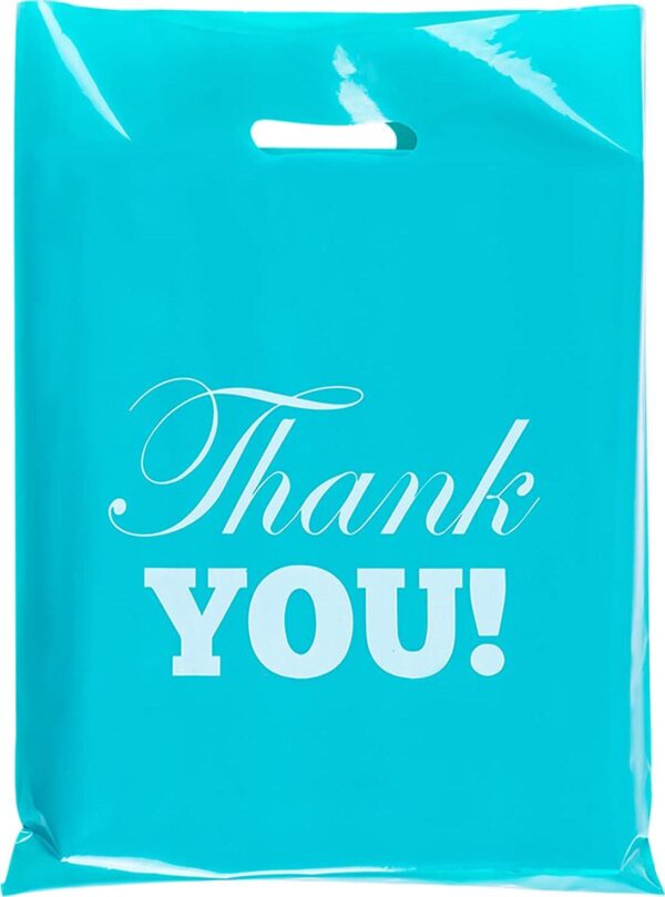 Elephant-package 50Pcs Thank You Shopping Bags for Small Business, Plastic Merchandise Bags with Die Cut Handles, for Goodie Bags, Retail, Party, Store (Small 8 x12  Turquoise)
