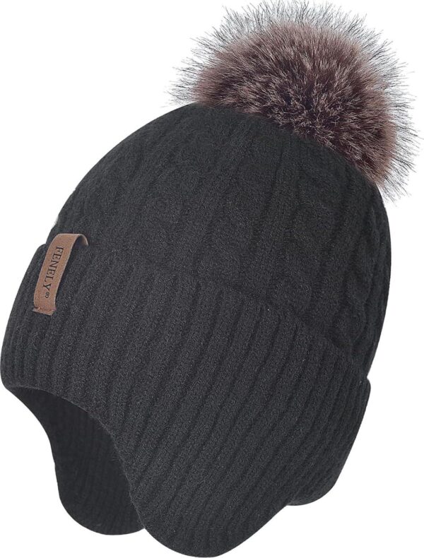 FENELY Women's Knitted Warm Beanie Winter Hat, Cashmere Inner Layer, Warm Chunky Snow Hat with Pompom