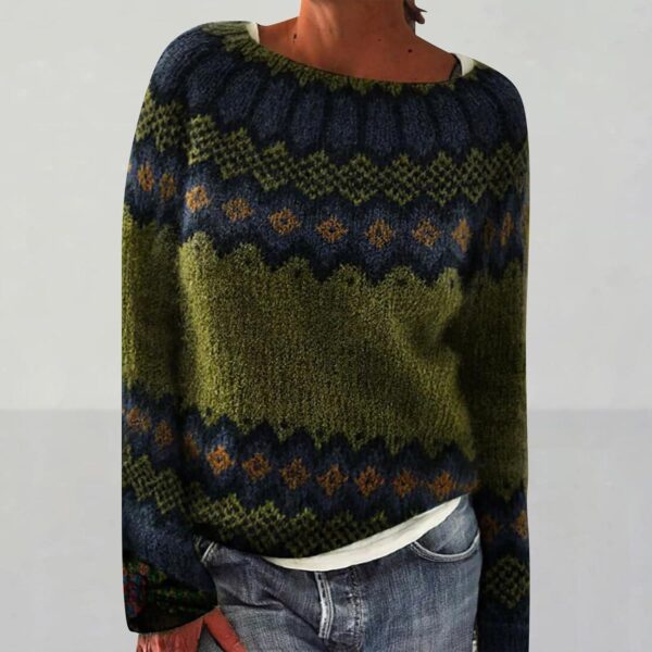 Fair Isle Sweater Women Retro Crewneck Ribbed Pullover Sweaters Plus Size Casual Loose Color Block Sweater Tops - Image 2