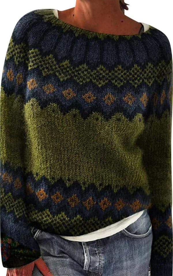 Fair Isle Sweater Women Retro Crewneck Ribbed Pullover Sweaters Plus Size Casual Loose Color Block Sweater Tops