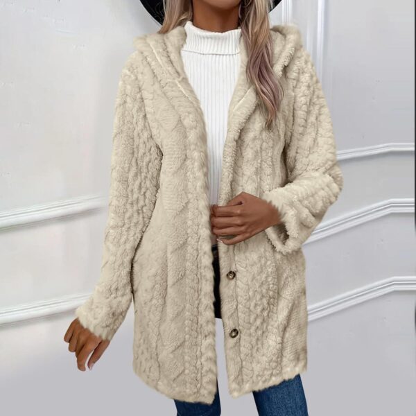 Fleece Jacket Women with Hood Winter Warm Fuzzy Cardigan Long Sleeve Button Down Open Front Outerwear Solid Hooded - Image 5