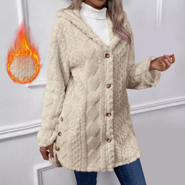 Fleece Jacket Women with Hood Winter Warm Fuzzy Cardigan Long Sleeve Button Down Open Front Outerwear Solid Hooded - Image 2