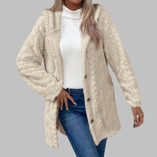 Fleece Jacket Women with Hood Winter Warm Fuzzy Cardigan Long Sleeve Button Down Open Front Outerwear Solid Hooded - Image 4
