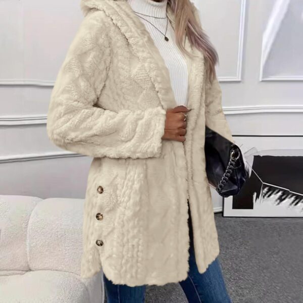 Fleece Jacket Women with Hood Winter Warm Fuzzy Cardigan Long Sleeve Button Down Open Front Outerwear Solid Hooded - Image 3