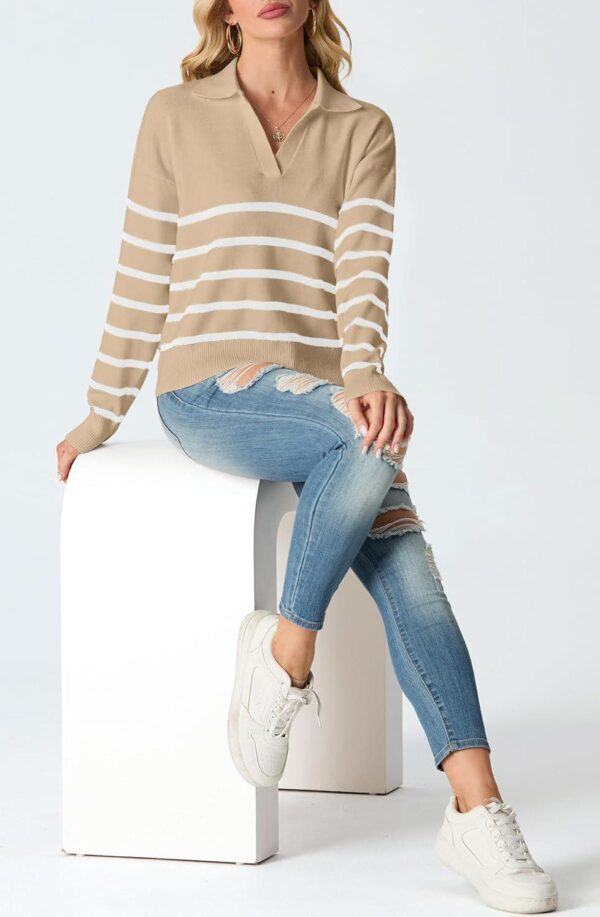 GRECERELLE 2024 Sweaters for Women Trendy Long Sleeve V Neck Striped Sweater Women Winter Chunky Pullover - Image 4