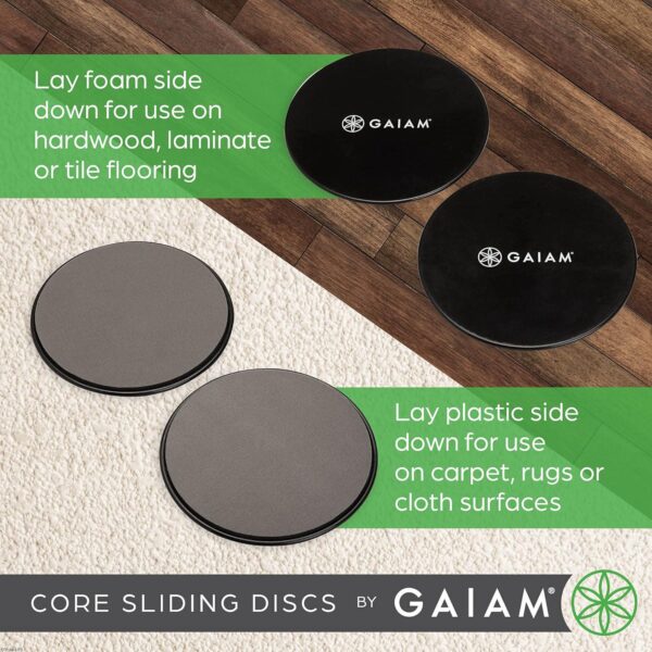 Gaiam Core Sliding Discs - Dual Sided Workout Sliders for Carpet and Hardwood Floor - Home Ab Pads Exercise Equipment Fitness Sliders for Women and Men, Grey/Black - Image 3