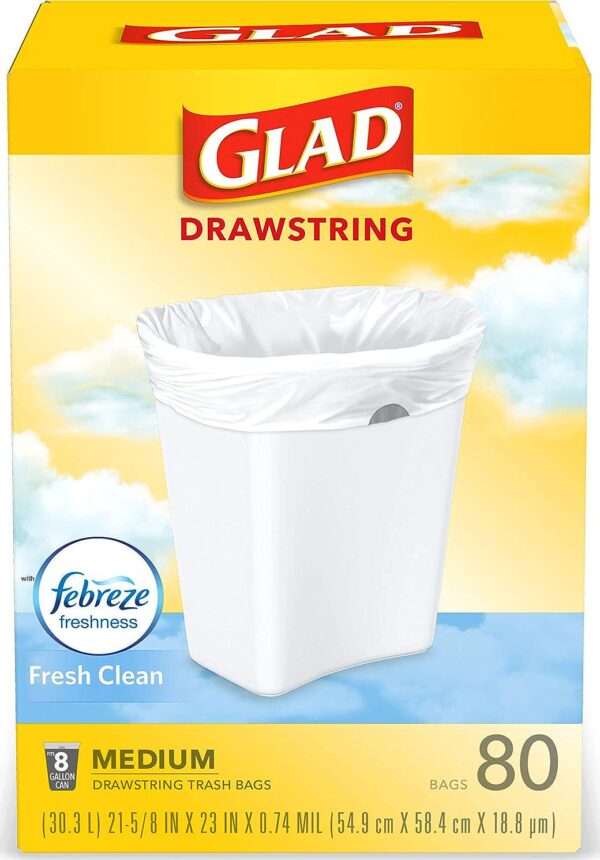 Glad Medium Kitchen Drawstring Trash Bags, 8 Gal, Fresh Clean Scent, 80 Ct (Package May Vary)