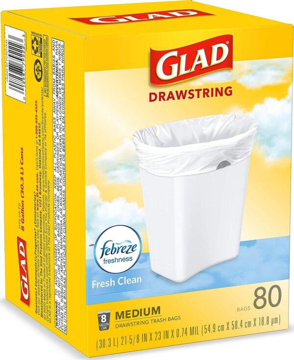 Glad Medium Kitchen Drawstring Trash Bags, 8 Gal, Fresh Clean Scent, 80 Ct (Package May Vary) - Image 6