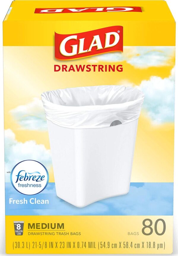 Glad Medium Kitchen Drawstring Trash Bags, 8 Gal, Fresh Clean Scent, 80 Ct (Package May Vary) - Image 9
