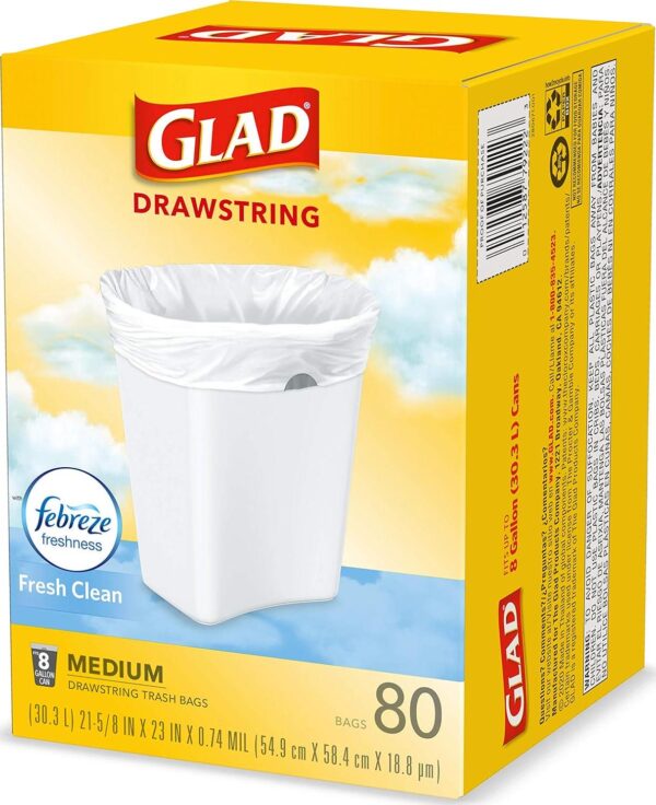 Glad Medium Kitchen Drawstring Trash Bags, 8 Gal, Fresh Clean Scent, 80 Ct (Package May Vary) - Image 5