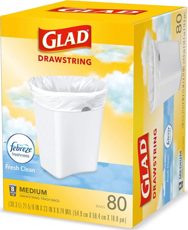 Glad Medium Kitchen Drawstring Trash Bags, 8 Gal, Fresh Clean Scent, 80 Ct (Package May Vary) - Image 7