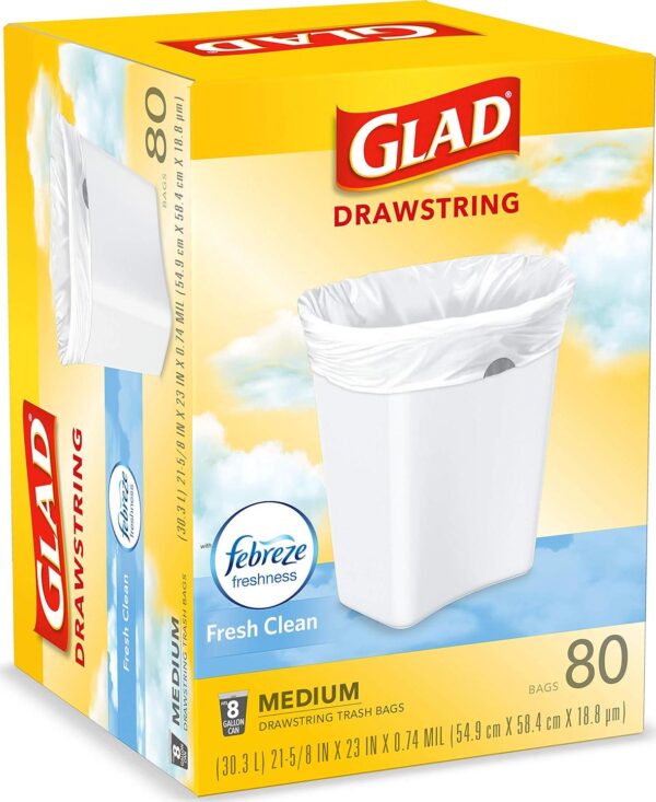 Glad Medium Kitchen Drawstring Trash Bags, 8 Gal, Fresh Clean Scent, 80 Ct (Package May Vary) - Image 4