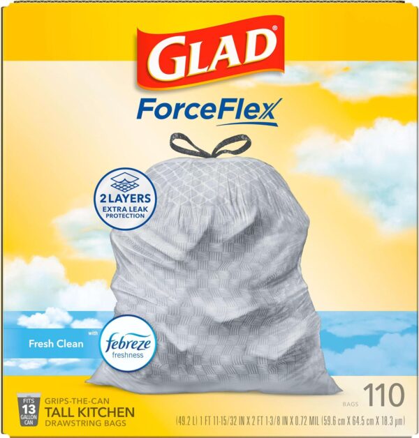 Glad Tall Kitchen Drawstring Trash Bags - Odorshield 13 Gallon White Trash Bag, Febreze Fresh Clean, 110 Count - Image 9