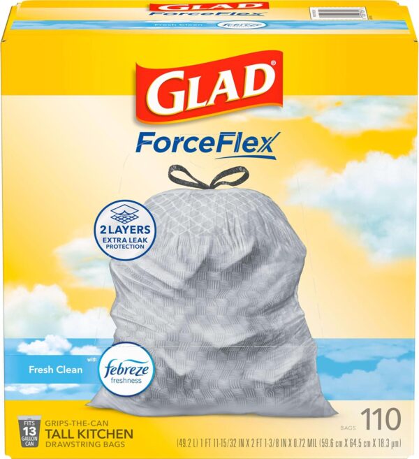 Glad Tall Kitchen Drawstring Trash Bags - Odorshield 13 Gallon White Trash Bag, Febreze Fresh Clean, 110 Count - Image 8