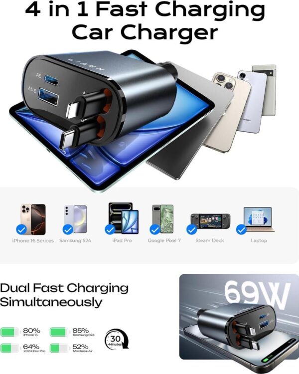LISEN Retractable Car Charger 4 in 1 [69W USB C Car Charger Adapter] for iPhone 16 Car Charger Fast Charging, Gifts for Women Men, Car Accessories USBC Car Charger for iPhone 16 15 14 13 12, Gray - Image 4