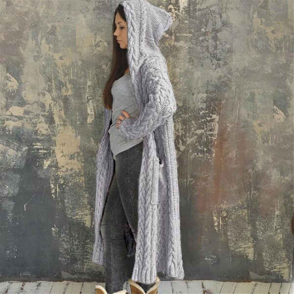 Long Chunky Cable Knit Cardigans For Women Open Front Long Hooded Sweater 2024 Winter Warm Oversized Solid Outwear - Image 2