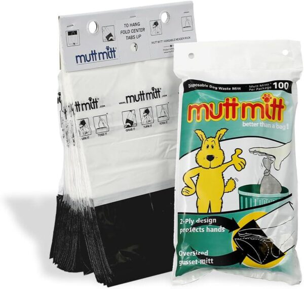 Mutt Mitt New Listing, Same 100 White and Black 2-Ply Dog Waste Bags on 1 Dog Waste Bag Station Header - 300% Thicker than mini roll dog waste bags - no more warm and yuck feeling