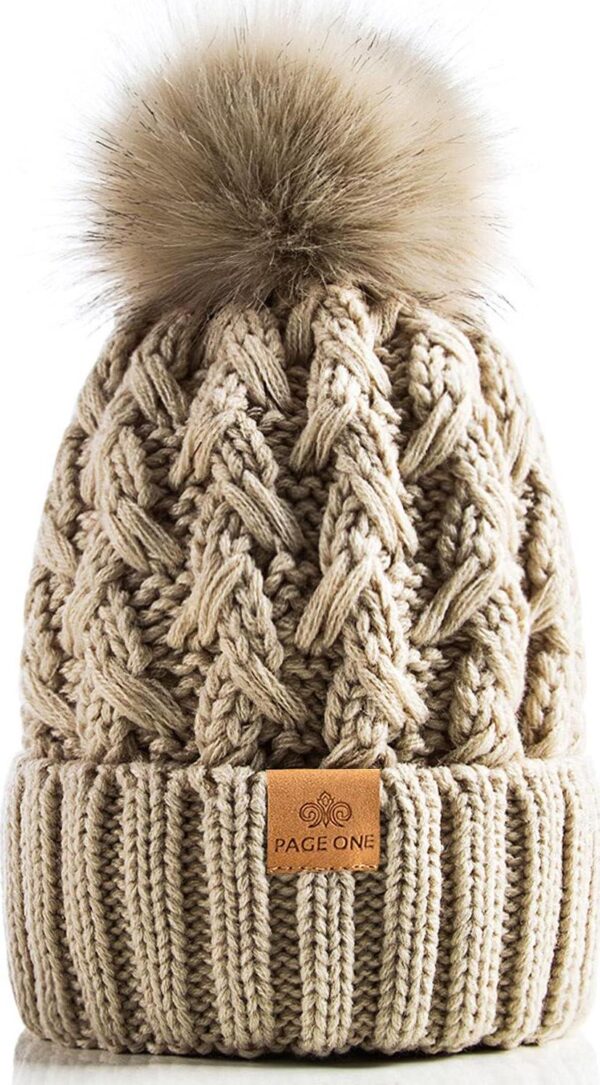 PAGE ONE Womens Winter Ribbed Beanie Crossed Cap Chunky Cable Knit Pompom Soft Warm Hat