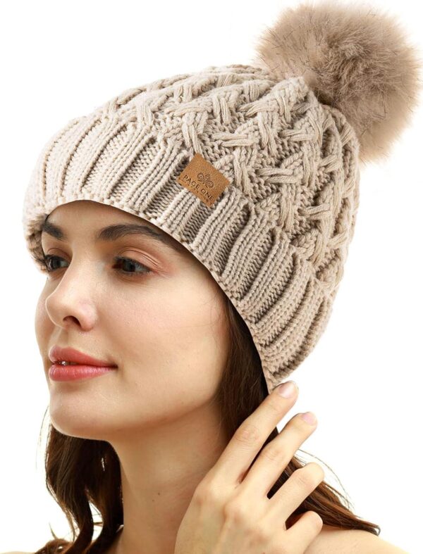 PAGE ONE Womens Winter Ribbed Beanie Crossed Cap Chunky Cable Knit Pompom Soft Warm Hat - Image 2