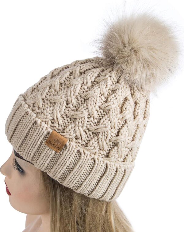 PAGE ONE Womens Winter Ribbed Beanie Crossed Cap Chunky Cable Knit Pompom Soft Warm Hat - Image 3