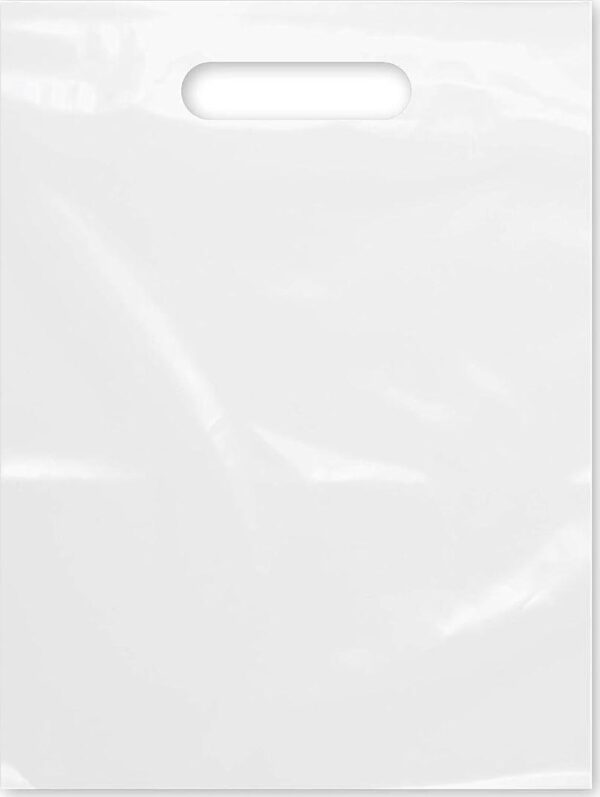 Purple Q Crafts Plastic Bag With Die Cut Handle 9  x 12  White Merchandise Bags 100 Pack for Retail, Gifts, Trade Show and More
