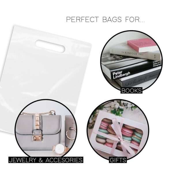 Purple Q Crafts Plastic Bag With Die Cut Handle 9  x 12  White Merchandise Bags 100 Pack for Retail, Gifts, Trade Show and More - Image 5