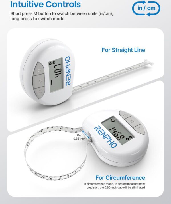 RENPHO Body Measuring Tape, Smart Tape Measure for Weight Loss, Bluetooth Tape with App, Retractable Tape for Measuring Waist, Hip, Bust, Arms, Muscle Gain, Fitness Equipment, 60in /150cm, White - Image 5