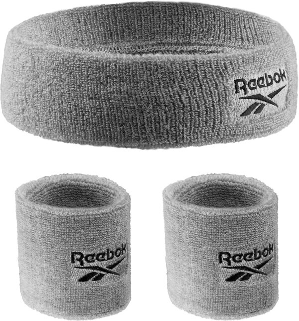 Reebok 3pc Unisex Athletic Sweatband Set - Workout Headband and Wristbands w/Stay Dry Technology, Terry Cloth Band Moisture-Wicking Fabric