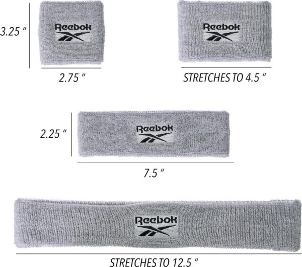 Reebok 3pc Unisex Athletic Sweatband Set - Workout Headband and Wristbands w/Stay Dry Technology, Terry Cloth Band Moisture-Wicking Fabric - Image 3