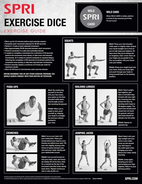 SPRI Exercise Dice (6-Sided) - Game for Group Fitness and Exercise Classes - Includes Push Ups, Squats, Lunges, Jumping Jacks, Crunches and Wildcard (Includes Carrying Bag) - Image 3